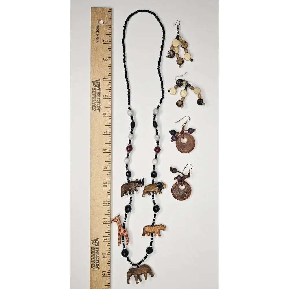Bundle Wooden Carved African Animals NECKLACE EARRINGS Costume Jewelry Lot Gift